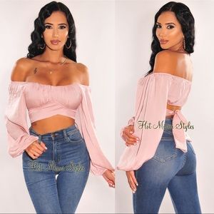 HMS Blush Off-Shoulder Silky Tie Crop Top - S